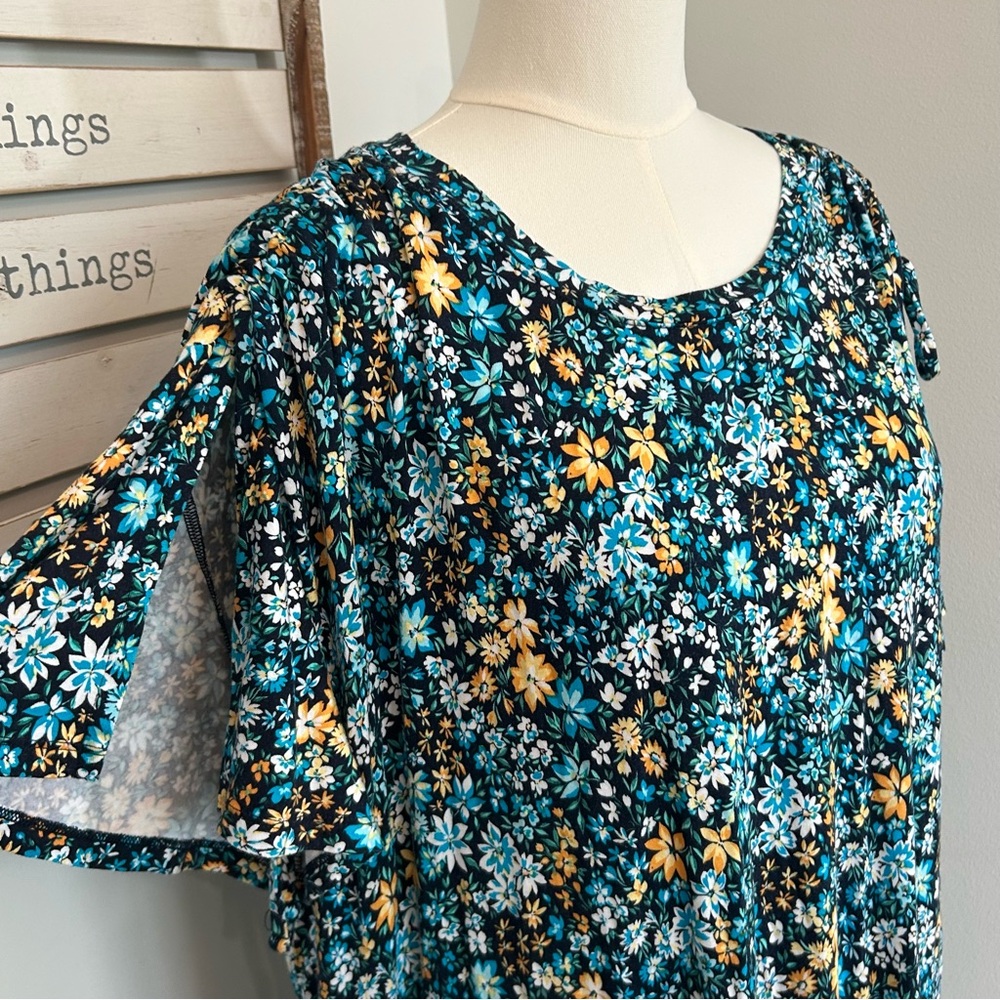 Terra & Sky Floral Dress Split Fluttery Sleeves W/Ties Pockets uber soft size 2X